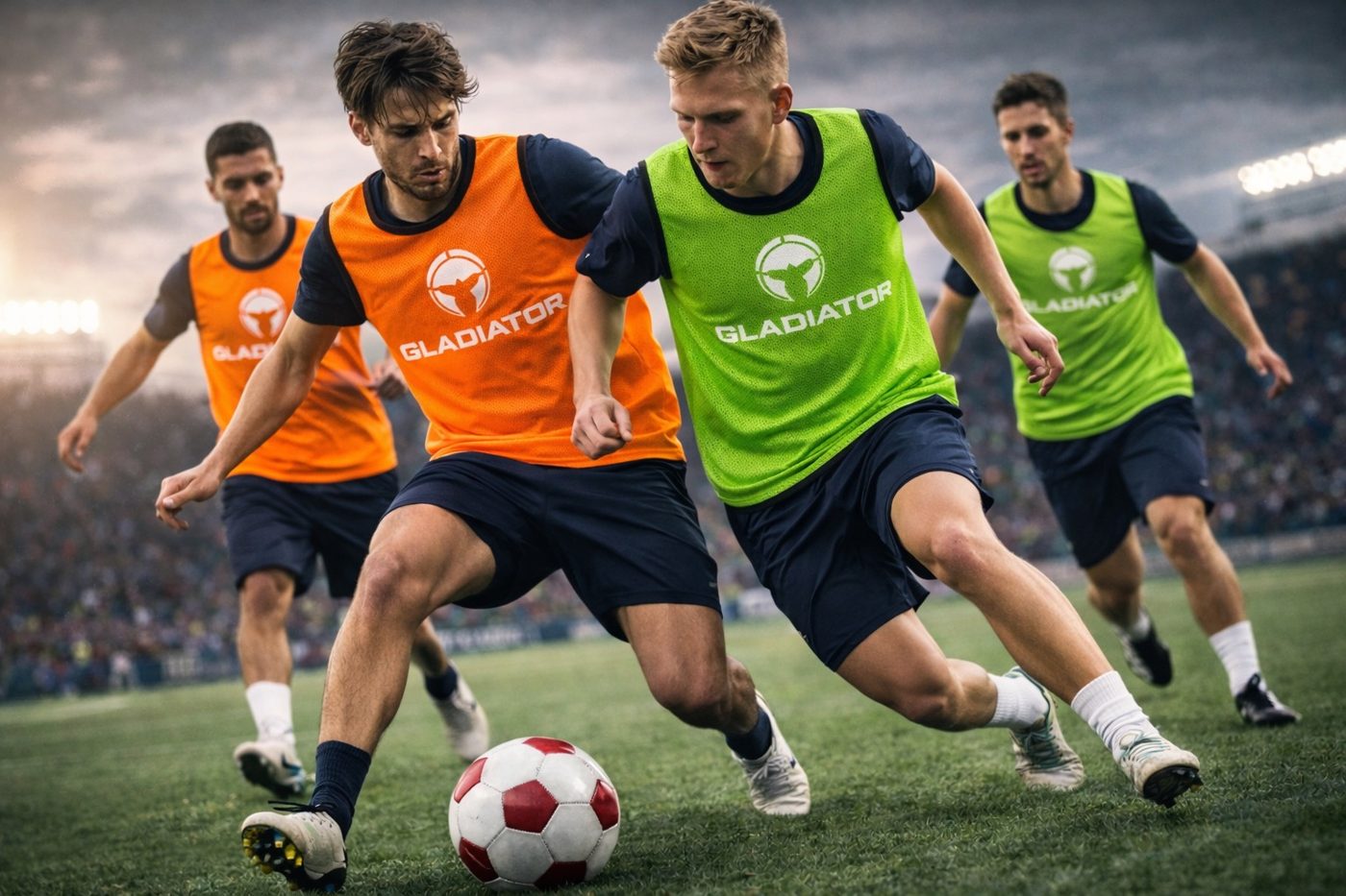 Adult players scrimmaging in Gladiator pinnies under stadium lights