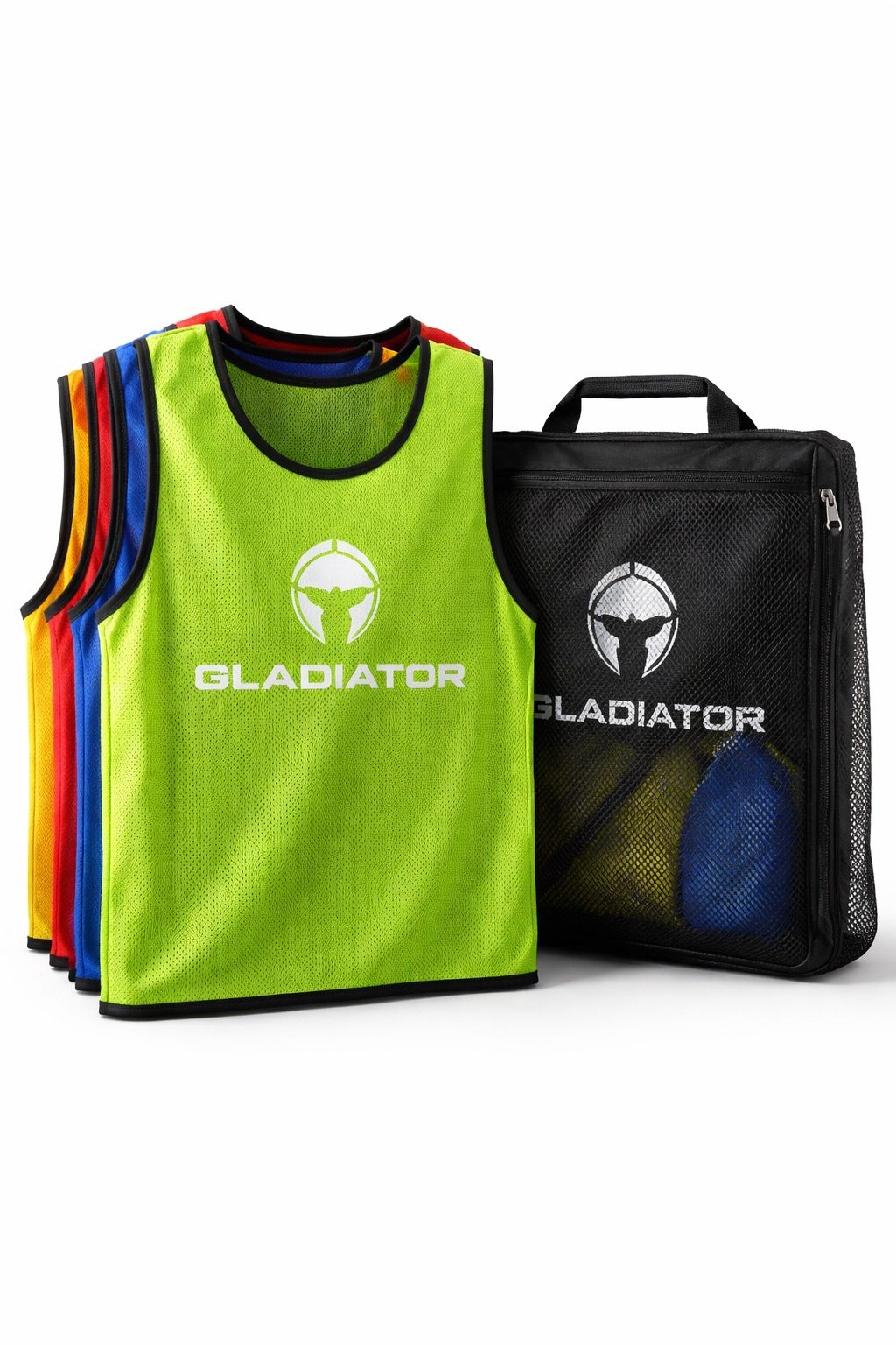 Gladiator pinnies in five colors packed with their zero-touch washable Gladiator bag