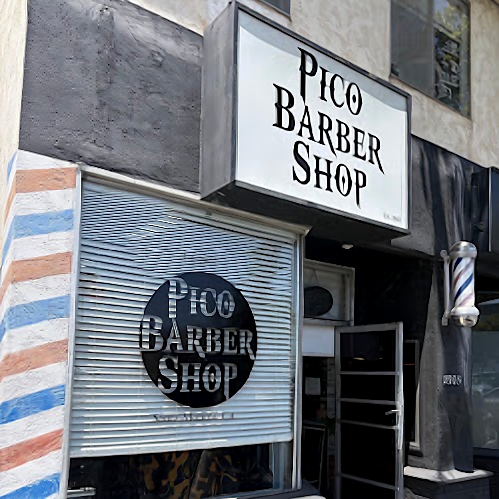 Pico Barber Shop storefront sign on Pico Blvd, Santa Monica