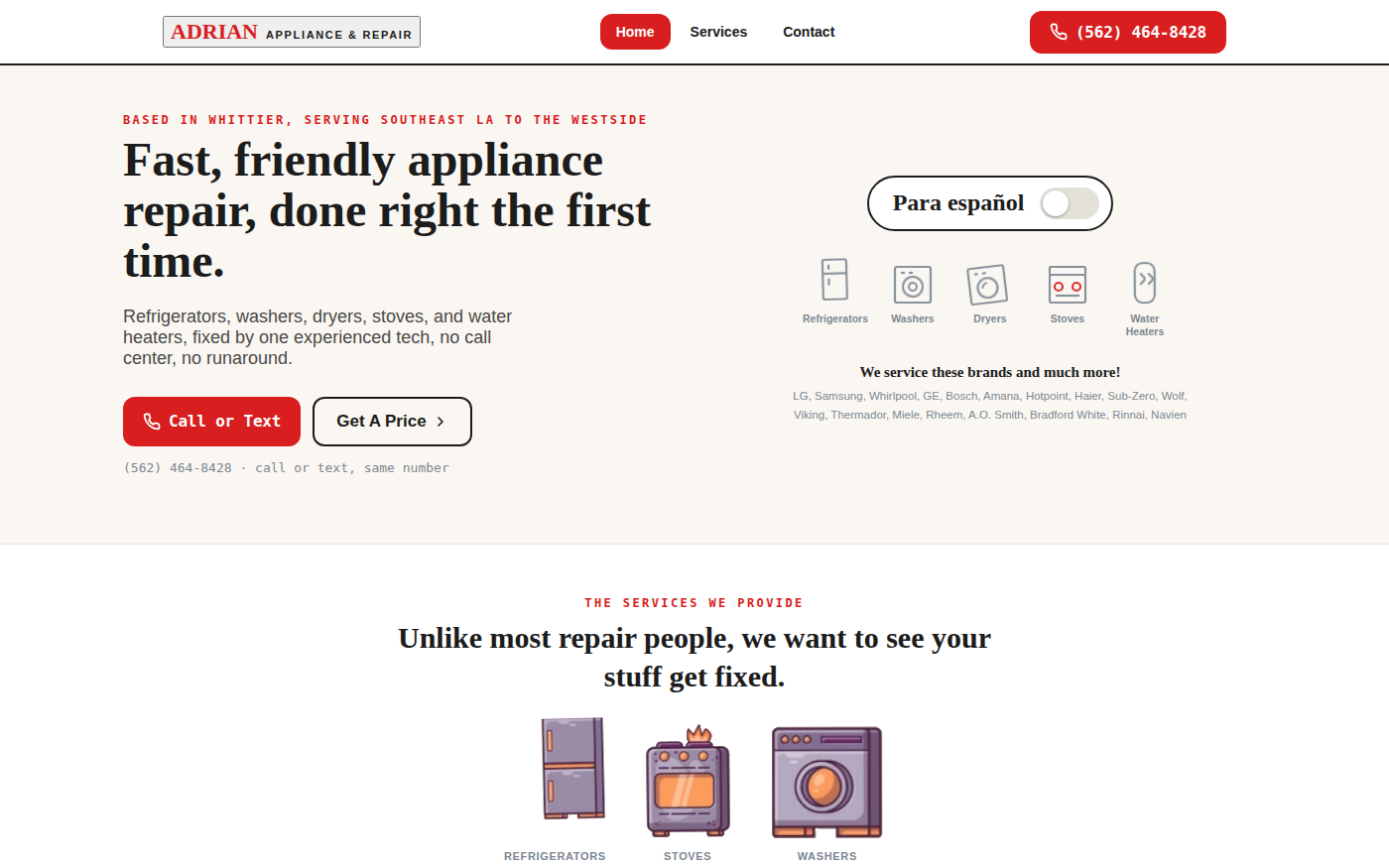 Adrian Appliance and Repair landing page