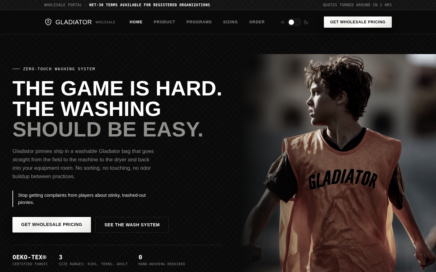 Gladiator Pinnies wholesale landing page