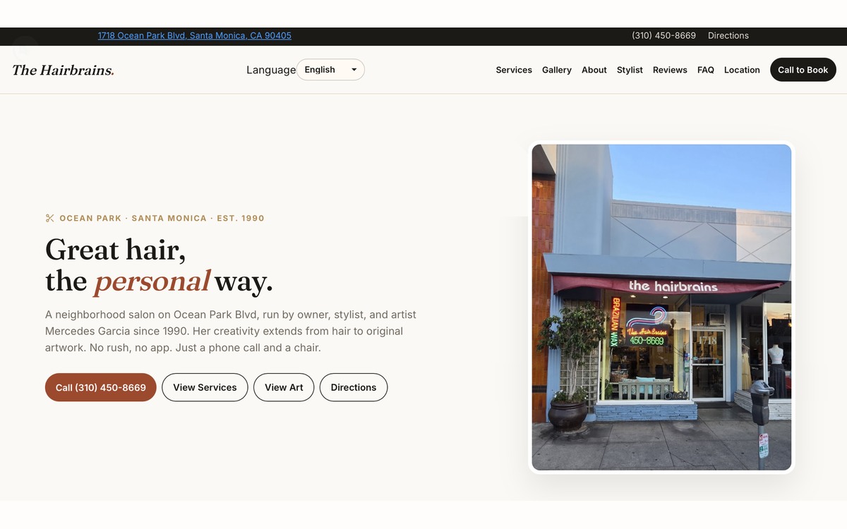 Screenshot of The Hairbrains actual website landing page, showing headline and salon storefront